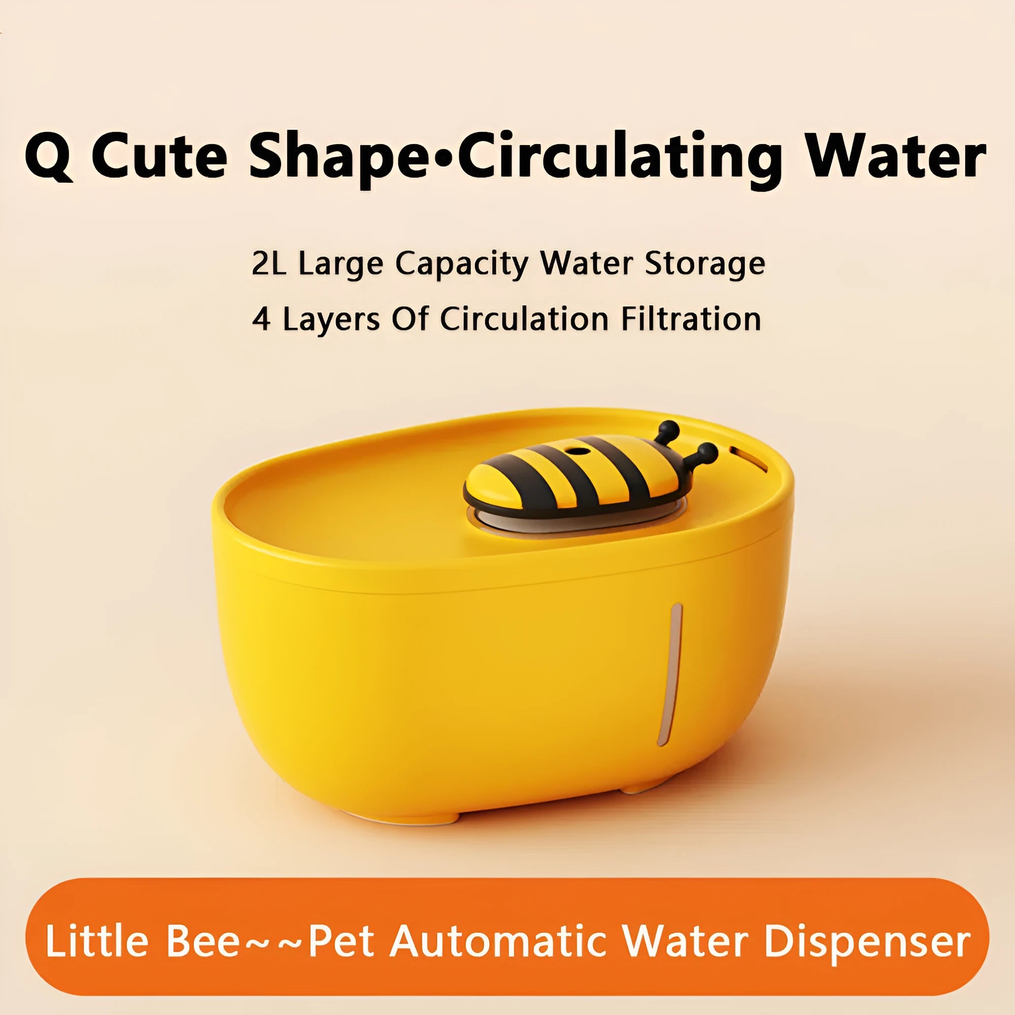 Yellow cat water fountain with filtration system, water level window, and USB pump