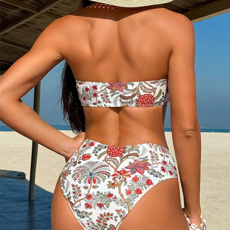 Women's printed bandeau swimsuit with triangle top and matching shorts set