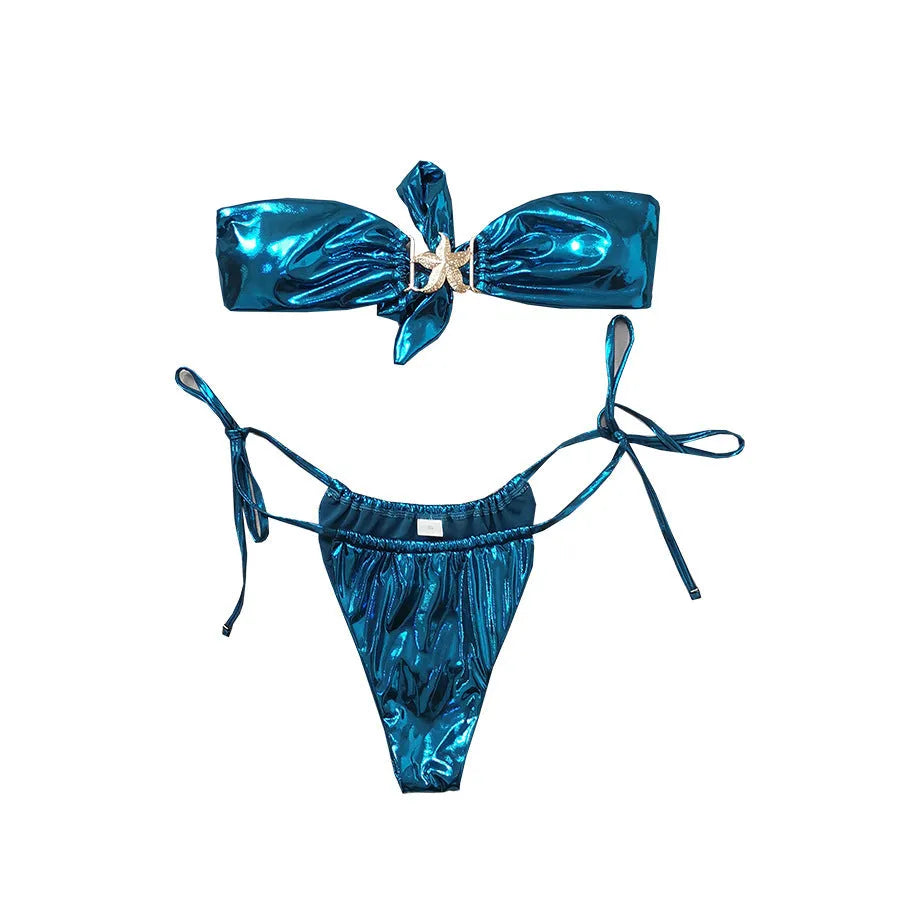 Glossy sapphire blue tube top split bikini for women with starfish pattern, showing backless design.