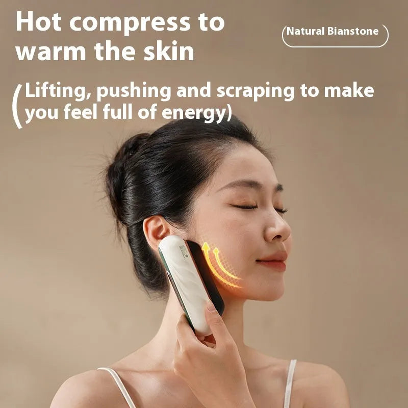 USB rechargeable electric scraping plate with heat and vibration massage functions in golden yellow finish