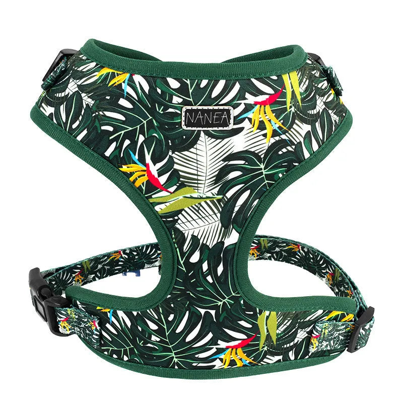Adjustable cloth dog harness set with leash, collar, waste bag and decorative accessories in six-piece package