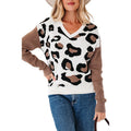 Women's leopard print V-neck knitted pullover sweater loose fit viscose fibre