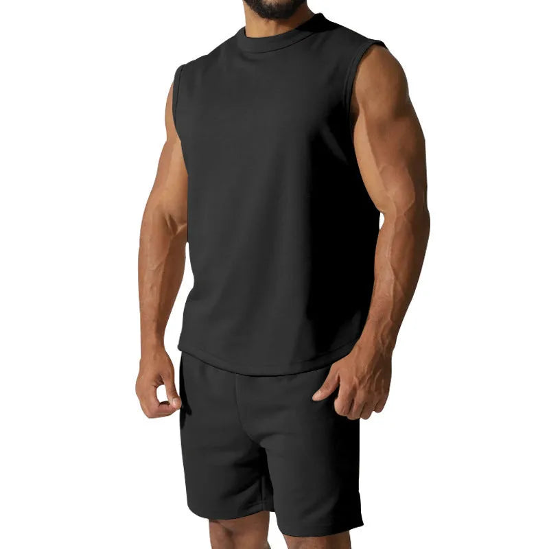Men's sleeveless top and shorts cotton blend sports suit set in multiple solid colours