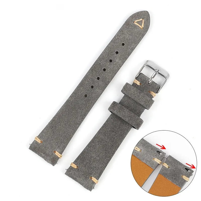 Genuine suede leather watch strap in brown, blue, gray, and Army Green colours showing 20mm and 22mm width options