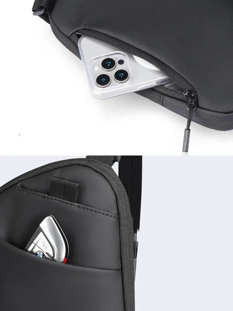 Men's black Oxford cloth crossbody bag with sewing thread detailing