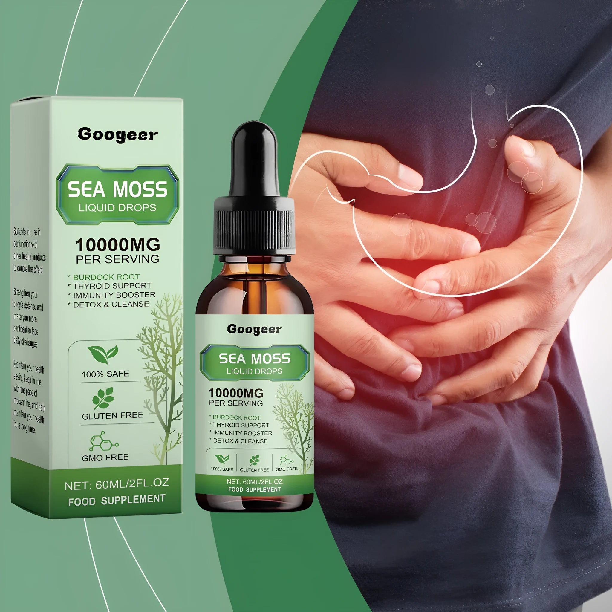 Googeer Sea Moss Liquid Drops body treatment bottle, 60ml capacity.