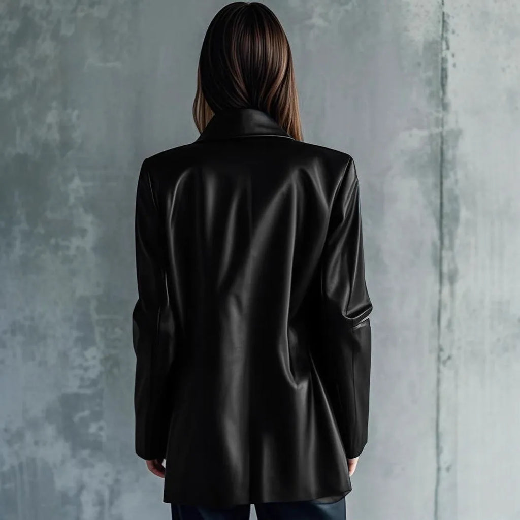 Black women's polyester leather jacket with medium length and long sleeves