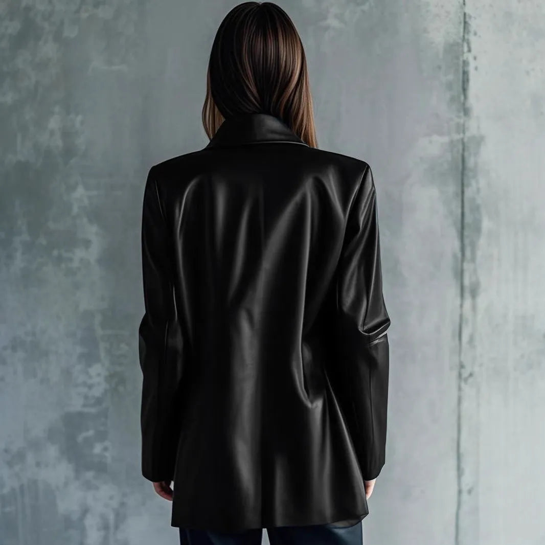 Black women's polyester leather jacket with medium length and long sleeves