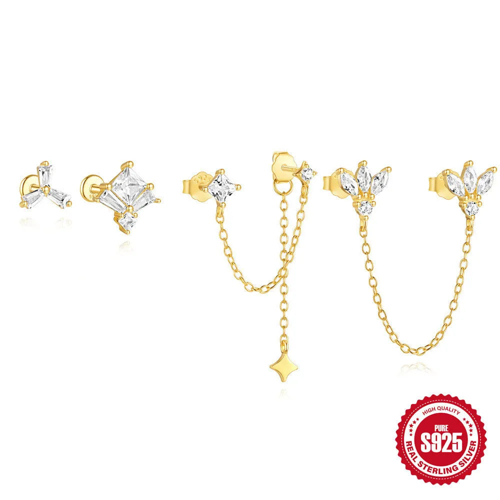 S925 sterling silver zircon stud earrings in golden geometric designs including clover, crown and chain styles
