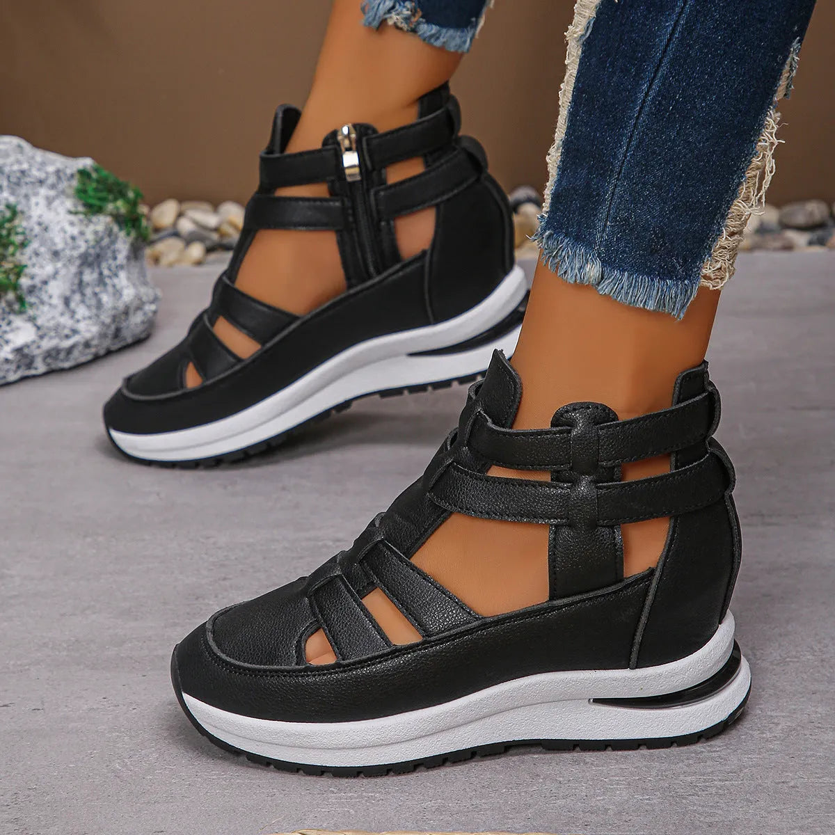Women's black platform sandals with hollow-out design and Velcro fastening
