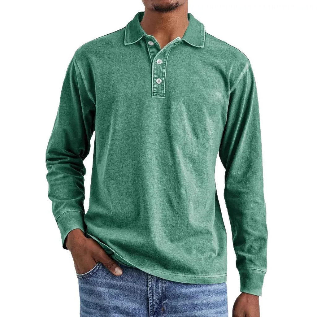Men's retro washed distressed cotton lapel long sleeve polo shirt shown in army green.