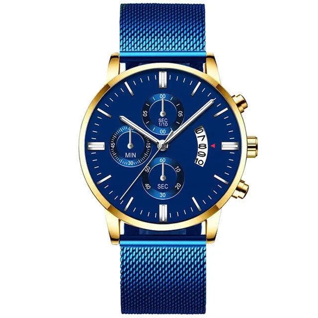 Men's stainless steel quartz watch with mesh band and two-tone case on wrist