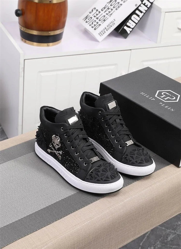 Men's black genuine leather high top skeleton shoes with lace-up front and rubber sole