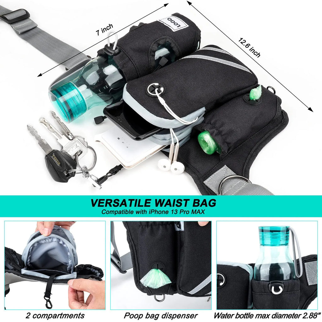 Black nylon pet training waist bag set with matching leash and collar for outdoor dog walking