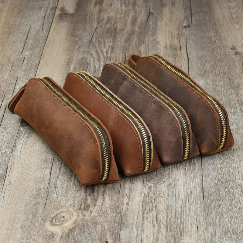 Handmade cowhide leather pencil case with zipper, square 18x6x6cm design in four colour options