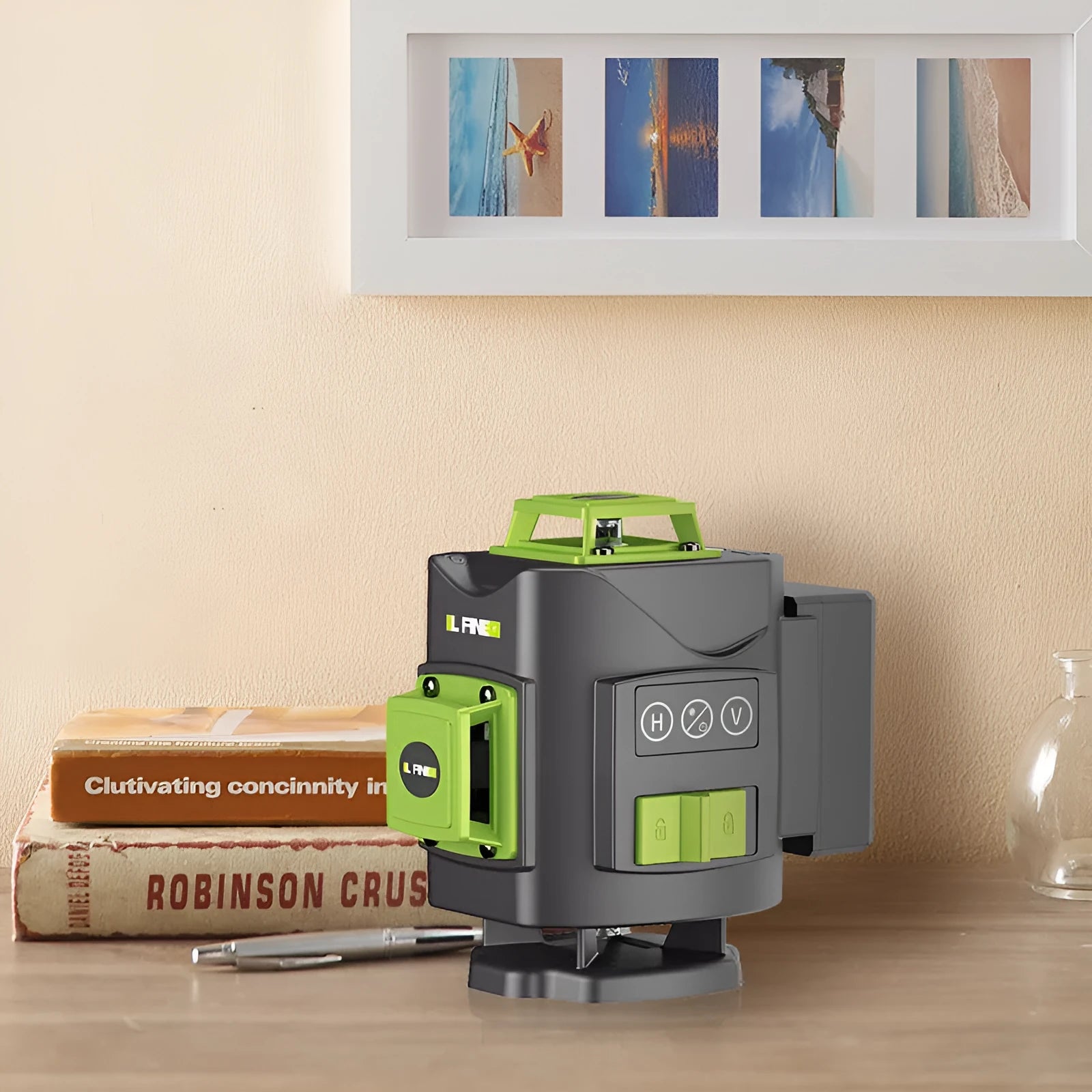 16-line 3D green laser level unit with aluminium and nylon construction showing compact dimensions