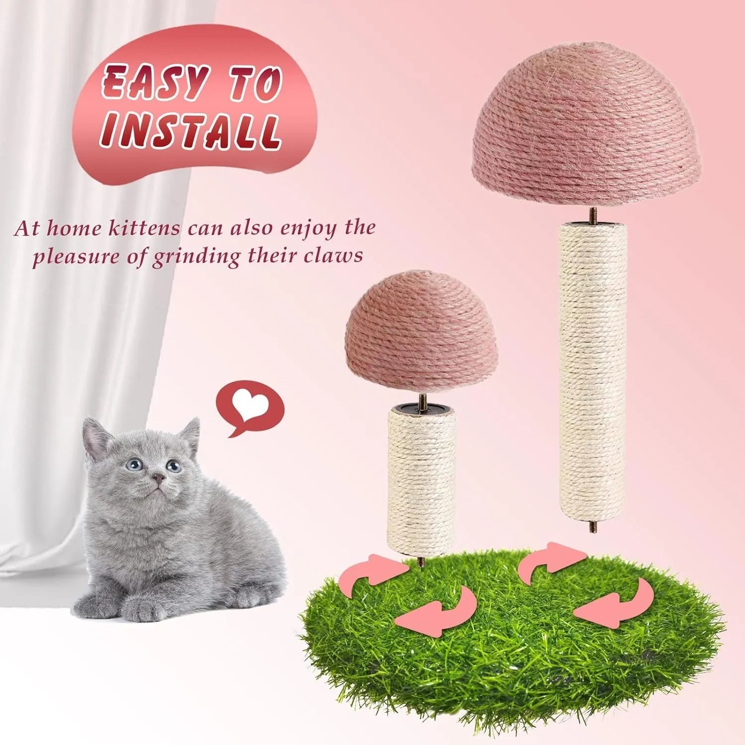 Pink mushroom-shaped cat scratching post with natural sisal caps for kittens and small cats