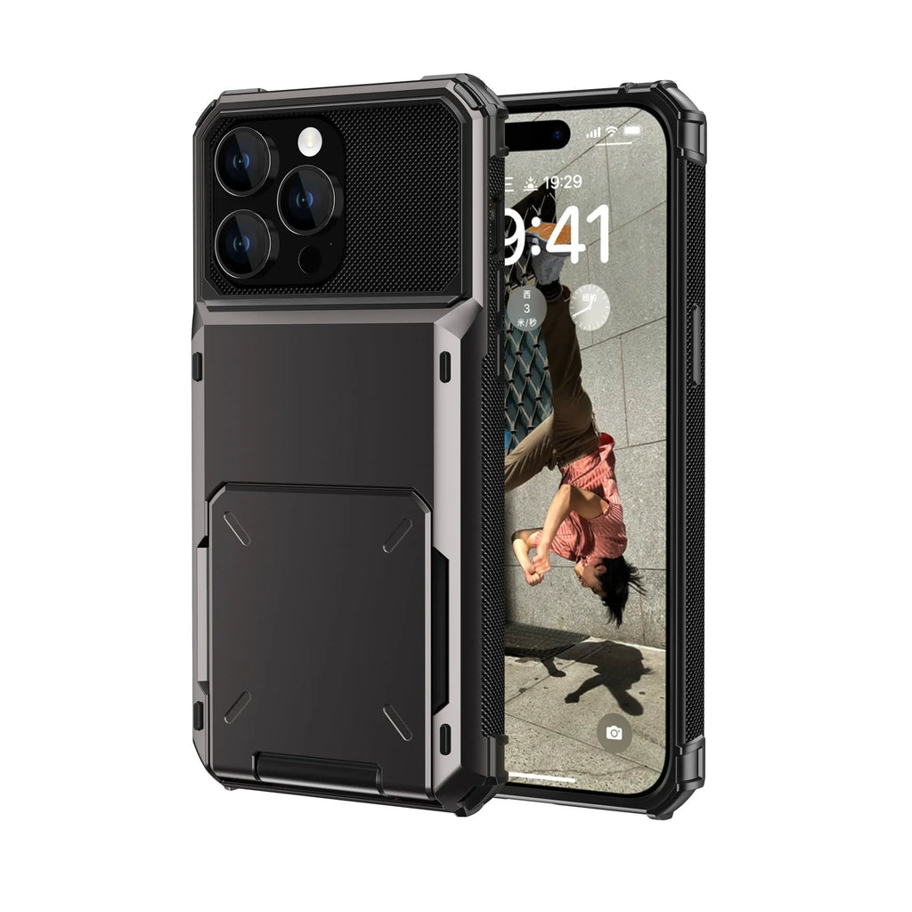 Gray fashion flip card phone case with PC material and card holder for iPhone 13