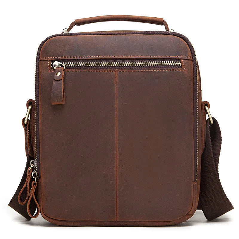 Men's brown genuine leather retro style crossbody bag with sewing line detail.