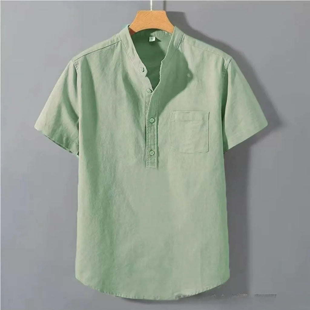 Men's beige casual short sleeve linen shirt with a stand collar and loose fit on a hanger.