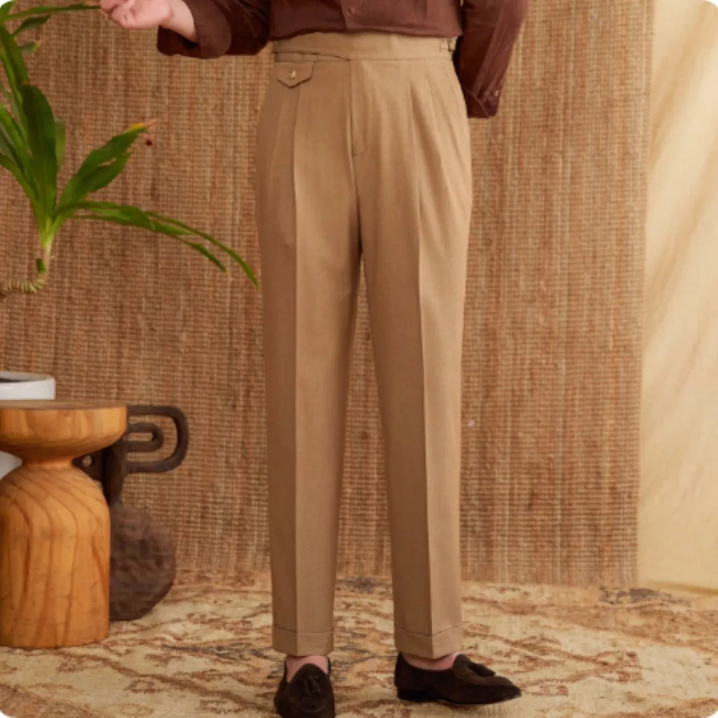 Men's slim fit business casual trousers in polyester available in dark grey, light brown and light apricot