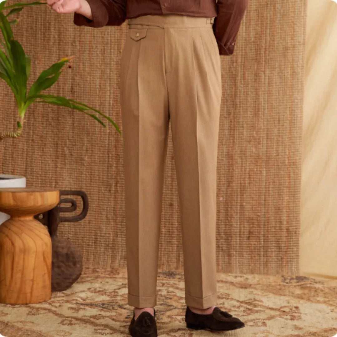 Men's slim fit business casual trousers in polyester available in dark grey, light brown and light apricot