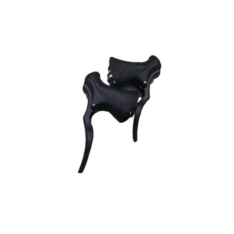 Pair of aluminium alloy road bicycle brake handles in black and black/silver finishes.