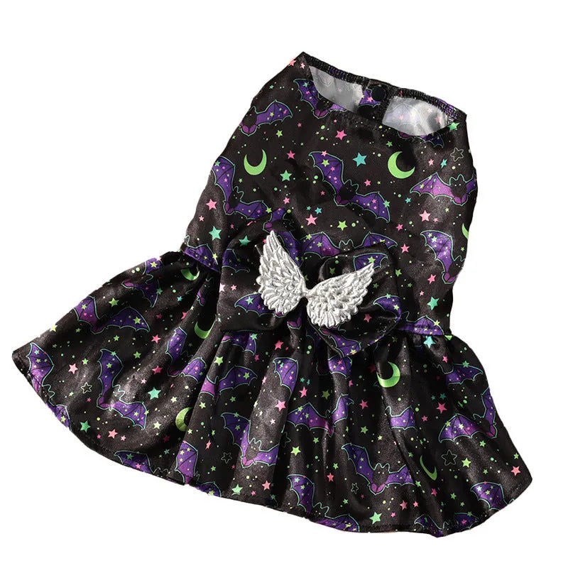 Angel wings Halloween dog costume in bright pumpkin or bat patterns available in four sizes