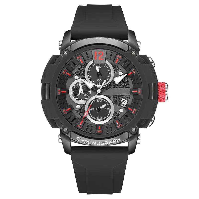 Men's multi-function digital watch with luminous display on a wrist, showing black, blue, green, orange, and red colour options.