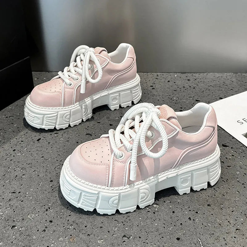 Women's spring muffin bottom casual leather shoes in beige and pink with height increasing design
