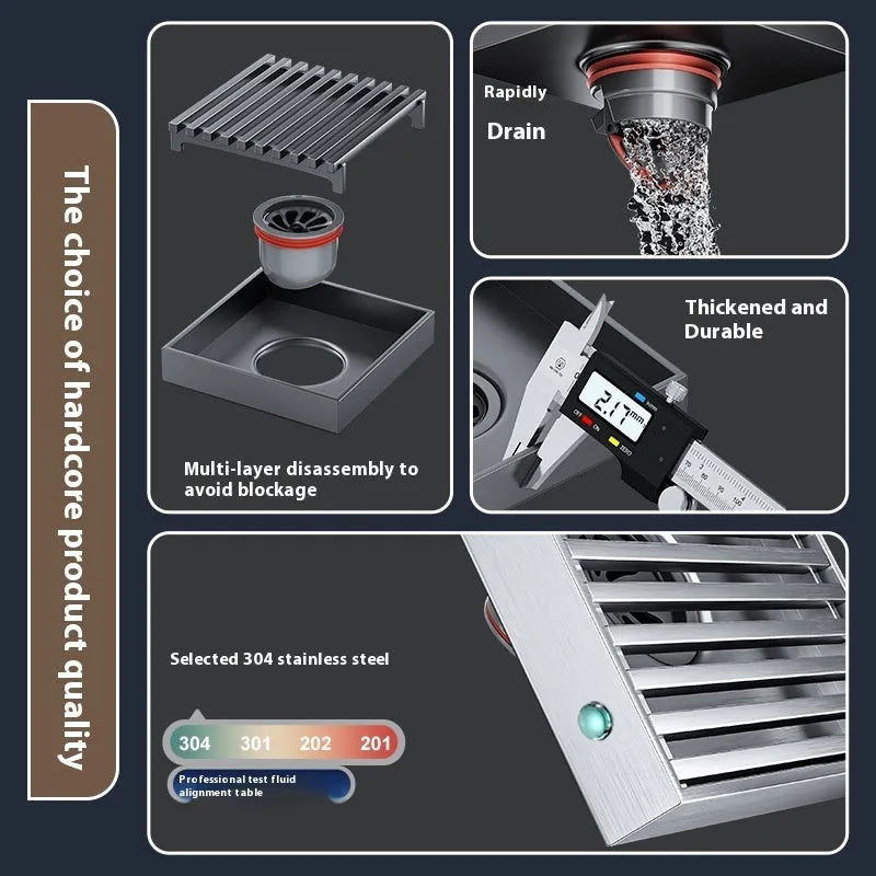 304 stainless steel courtyard floor drain with a 15x15cm gun grey ABS plastic core.