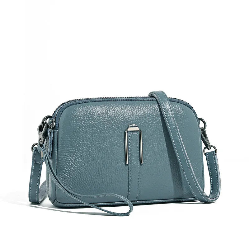 Top-grain leather crossbody bag in khaki with horizontal square shape and inner pockets