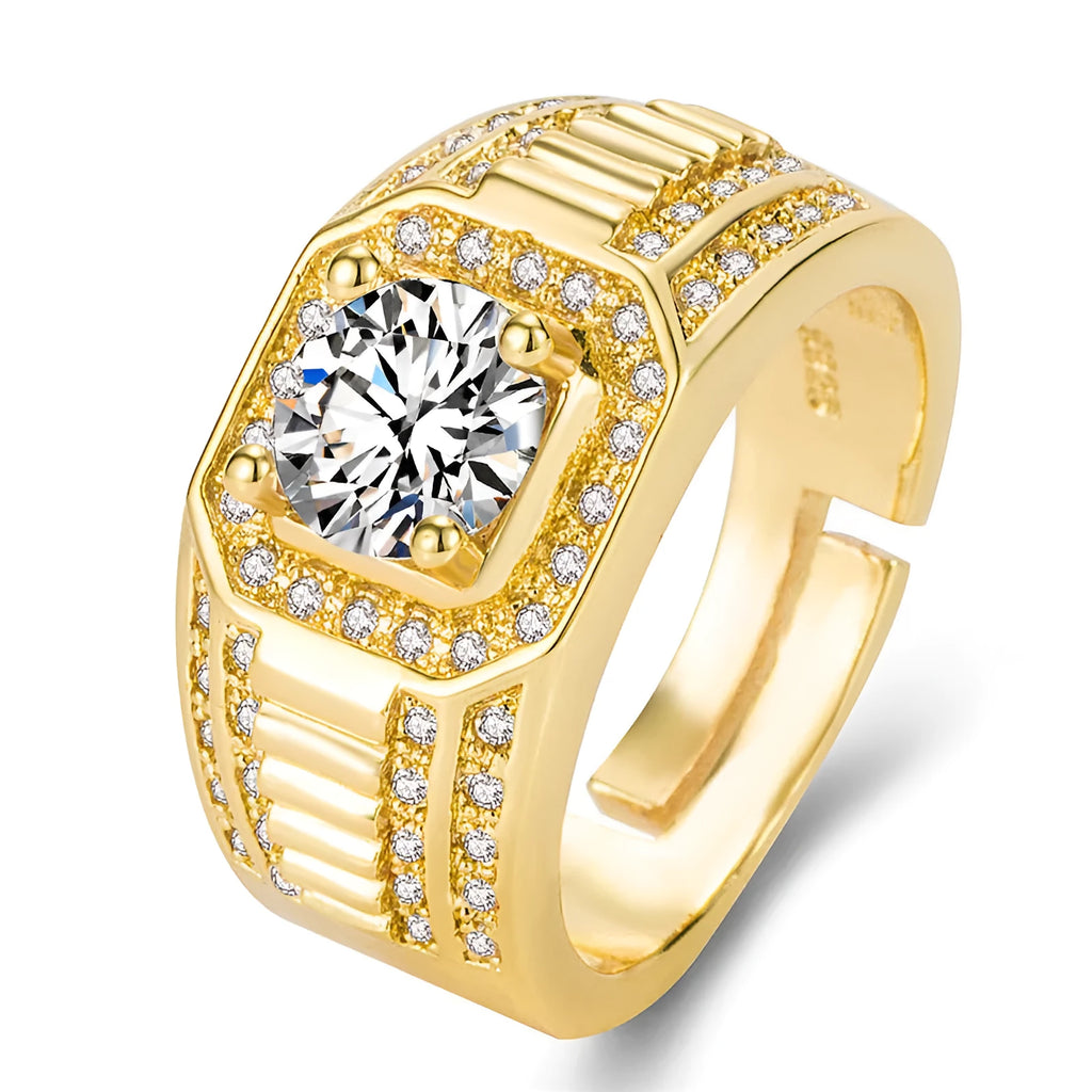 Adjustable men's ring with large square diamond design in gold and platinum colour options
