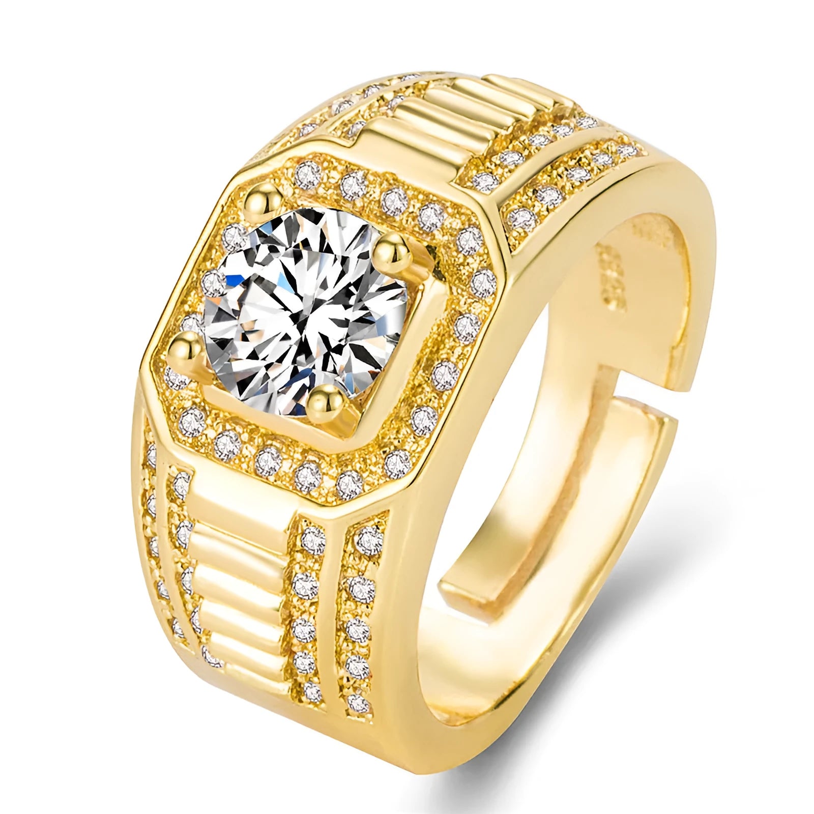 Adjustable men's ring with large square diamond design in gold and platinum colour options