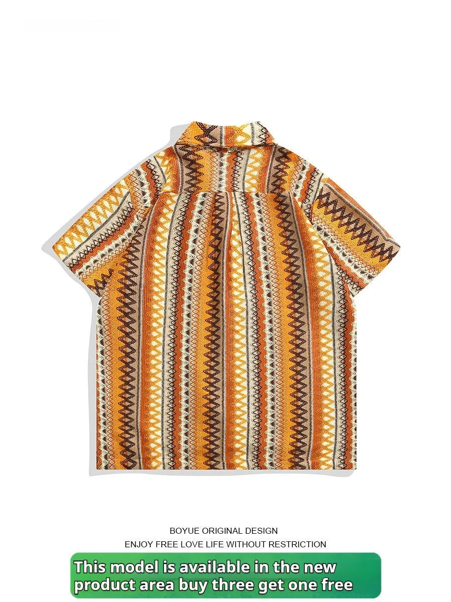 Ethnic woven Cuban collar shirt with drop-shoulder sleeves and loose fit design