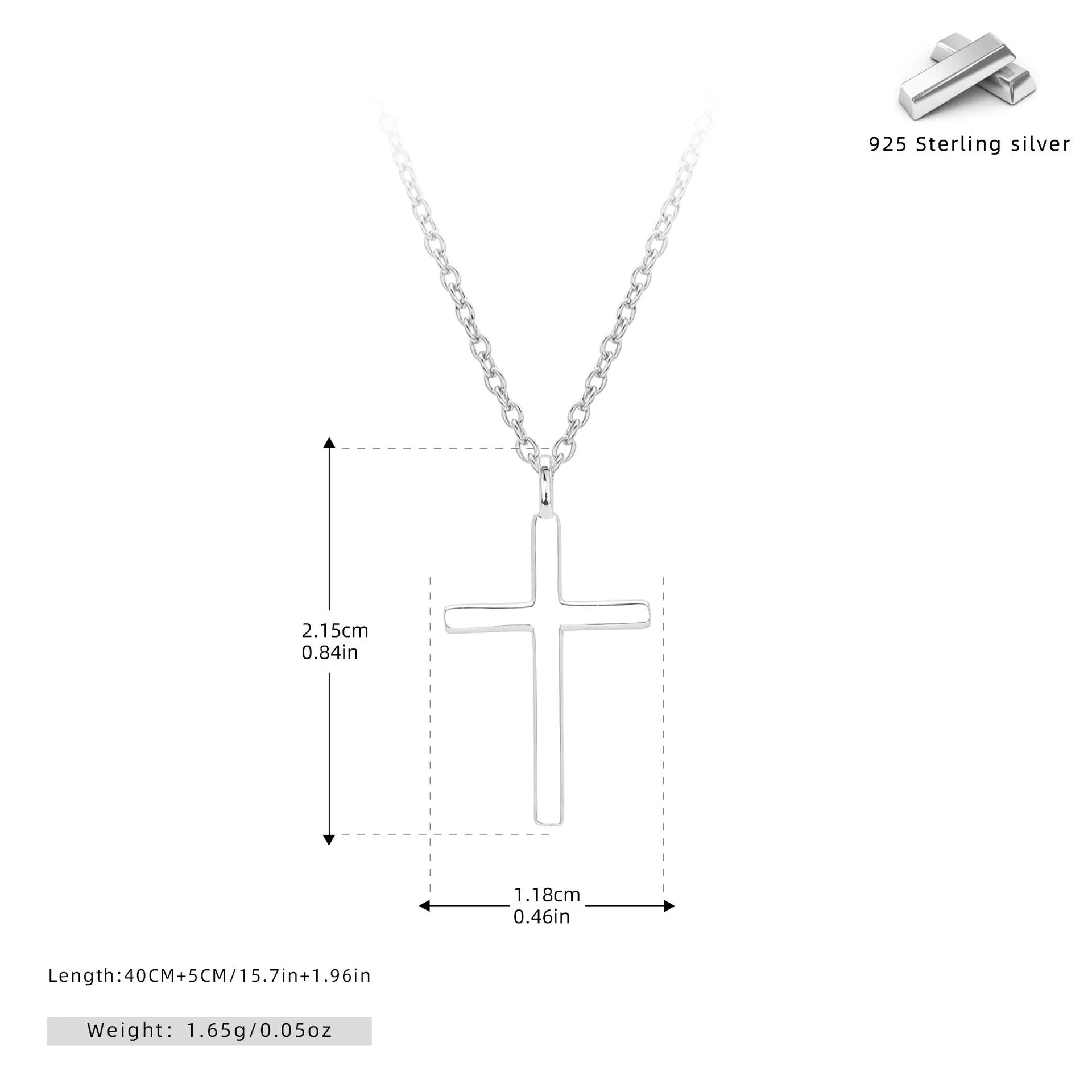 Sterling silver cross necklace with O-shaped chain in gold plating on display
