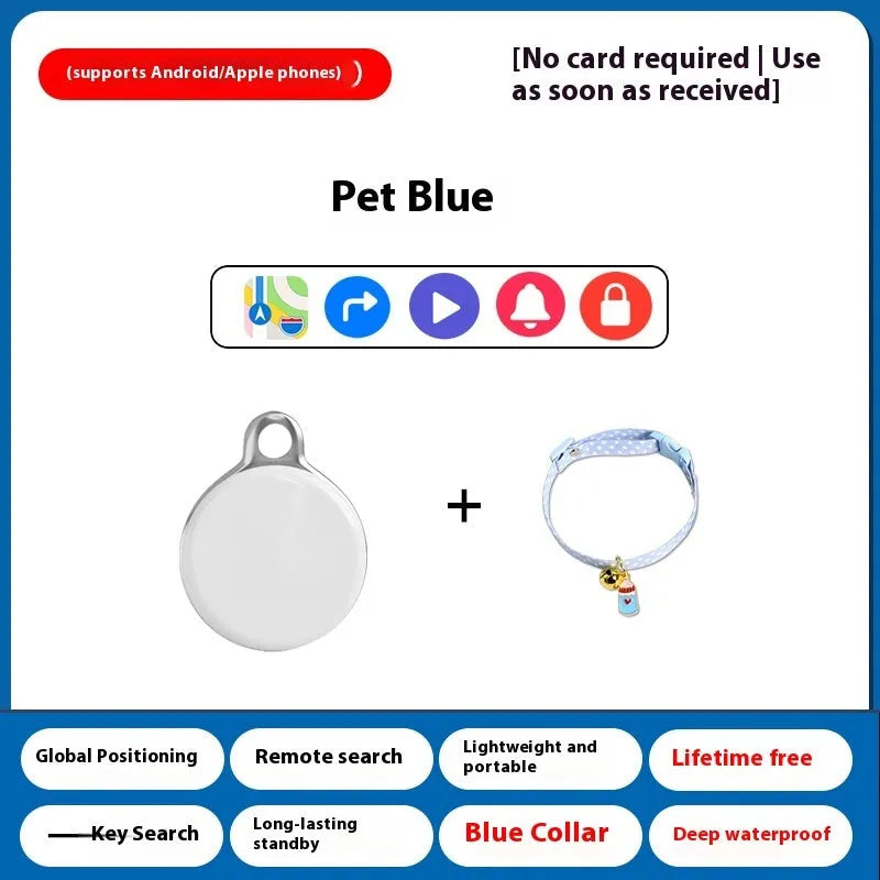 Pet GPS tracking device attached to dog collar with mobile app showing location