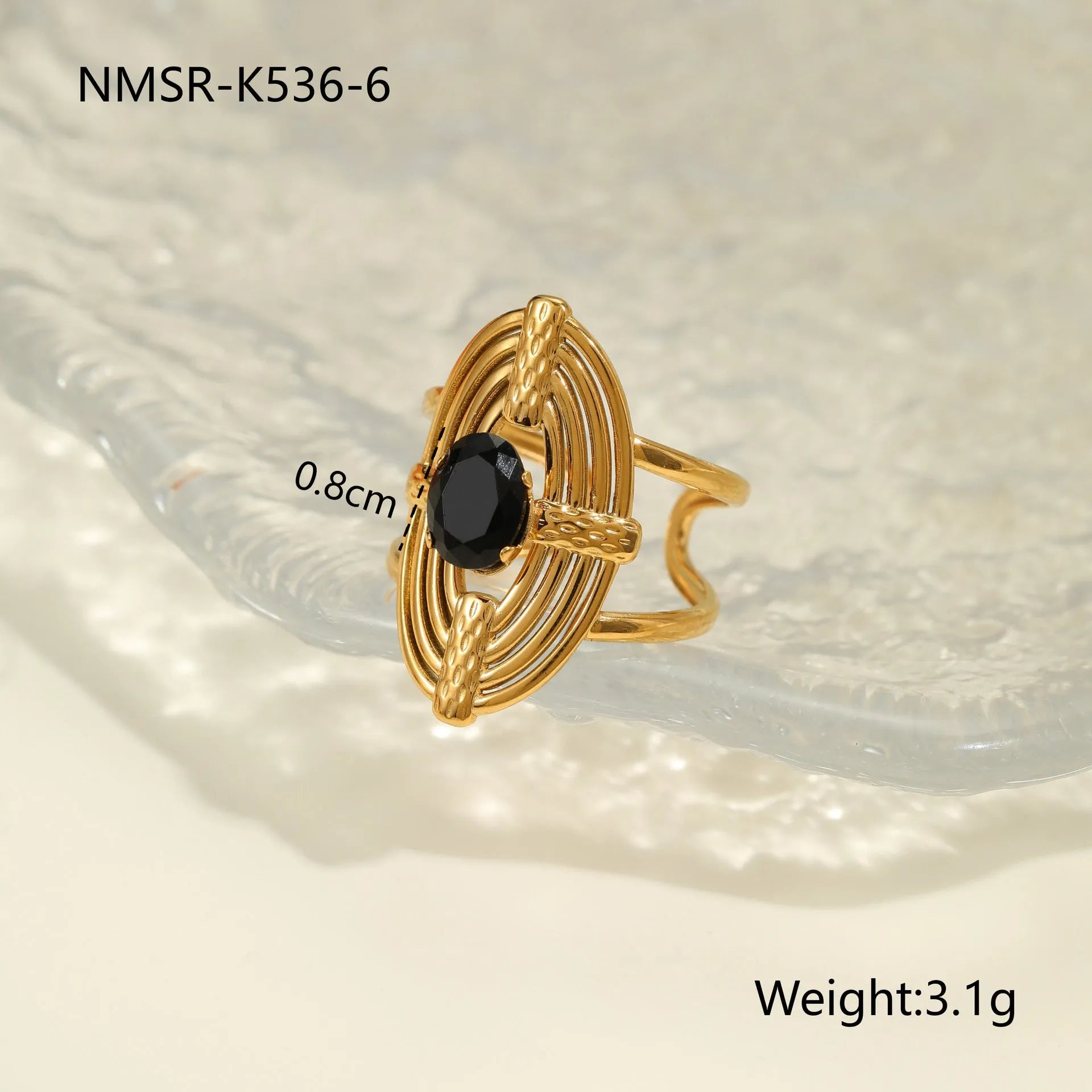 Adjustable open mouth titanium steel ring for women with inlaid zircon stones in a geometry design.
