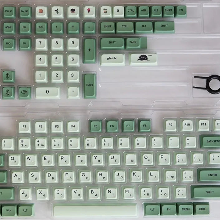 124 Key Matcha green PBT sublimation keycap set for mechanical keyboards laid out flat.