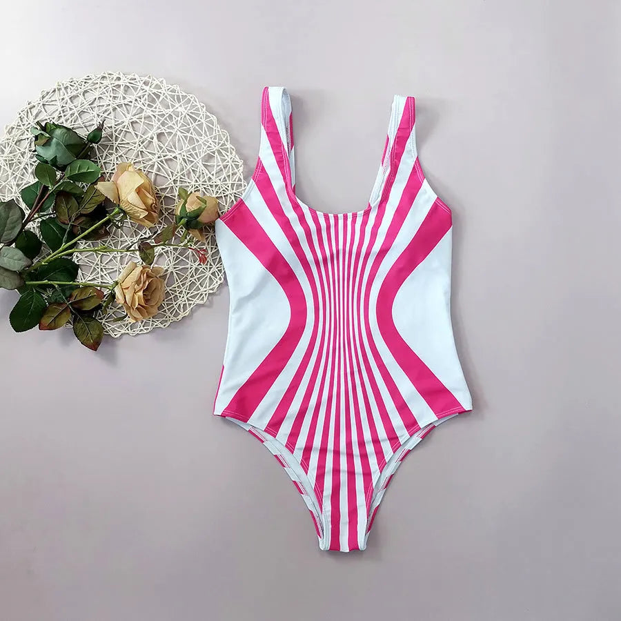Pink striped one-piece swimsuit for women with digital print front and back.