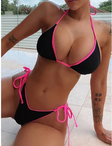 Women's lace-up front triangle bikini top and split bottoms in a choice of colours and patterns.