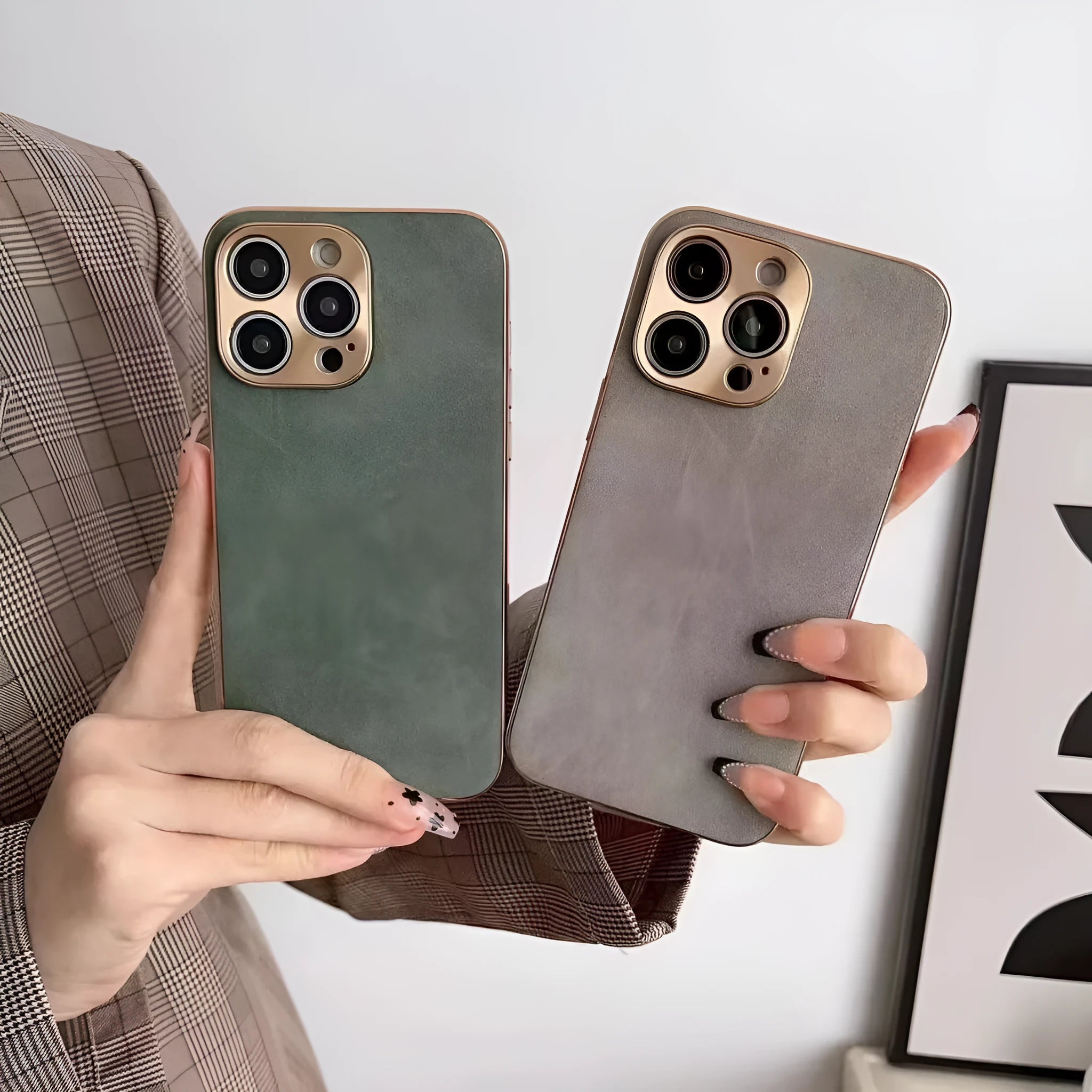 Leather texture TPU phone case for iPhone, shown in grey colour, displaying the textured back and precise cutouts.