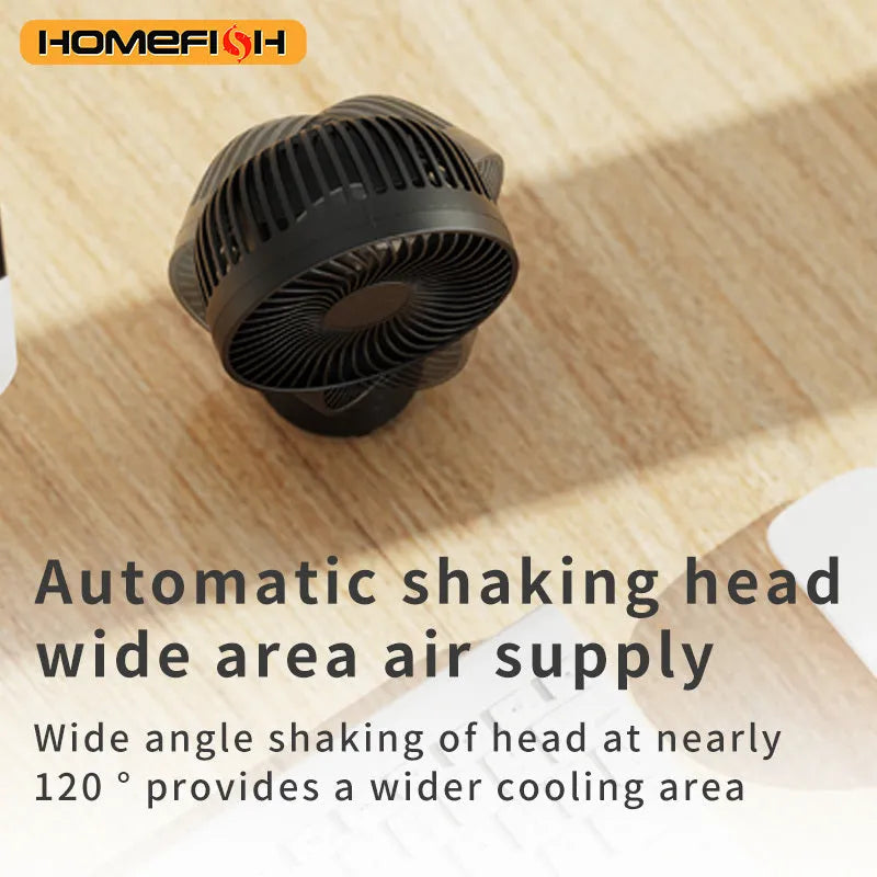 HOMEFISH F2 automatic shake head handheld fan with LED light and removable bracket on a table.