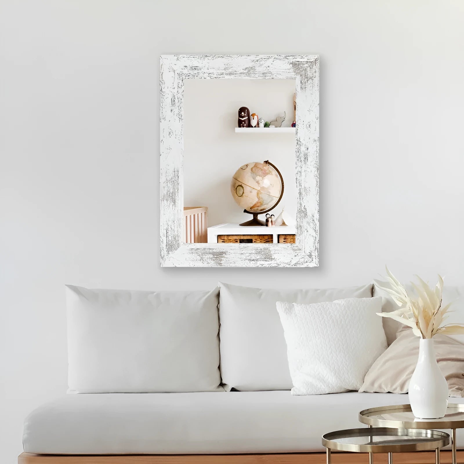 White wall-mounted pastoral style bathroom mirror with retro Chinese design elements