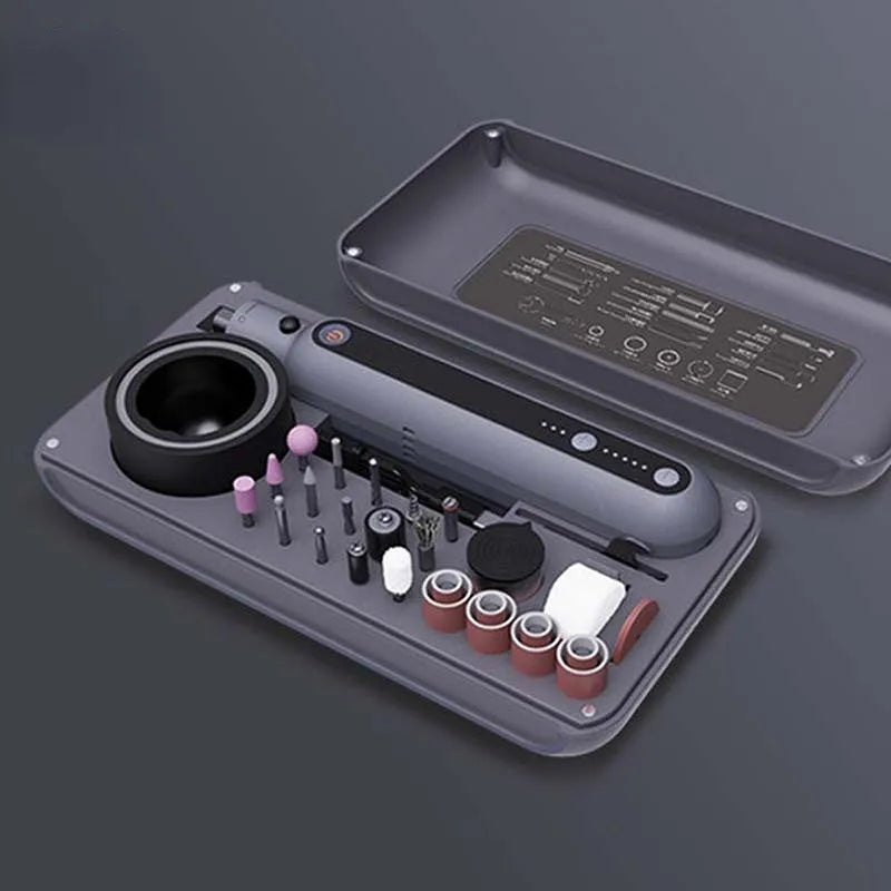Compact electric grinding set with a lithium battery, showing a 5-speed adjustment dial and a 3.2mm collet.