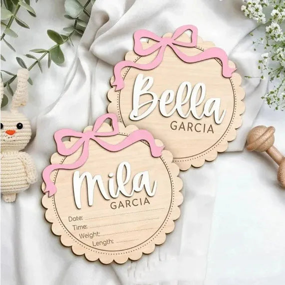 Square wooden ornament laser-engraved with a custom name for baby room decoration.