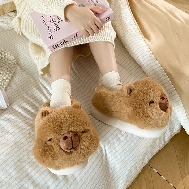 Light brown cartoon pattern women's winter slippers with plush cotton upper and artificial wool lining