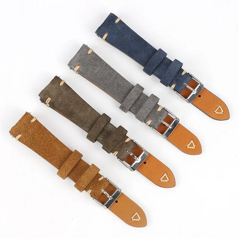 Genuine suede leather watch strap in brown, blue, gray, and Army Green colours showing 20mm and 22mm width options