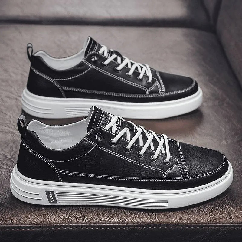 Men's casual white PU shoes with round toe and flat bottom design on size chart