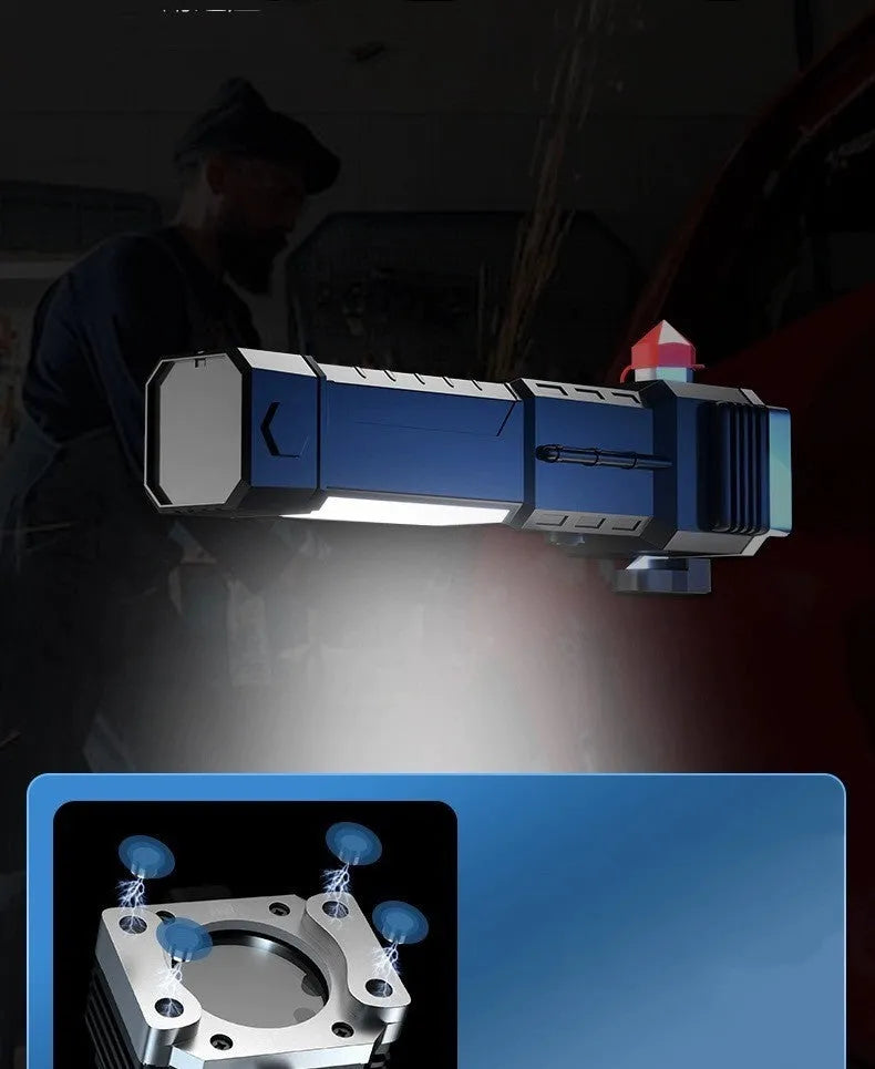 Silver plastic LED flashlight with integrated power bank, shown with USB charging cable.